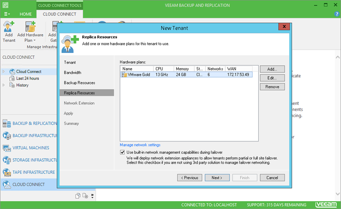 Assigning a "hardware plan" to a tenant defines the CPU, memory, storage and network resources available to them.